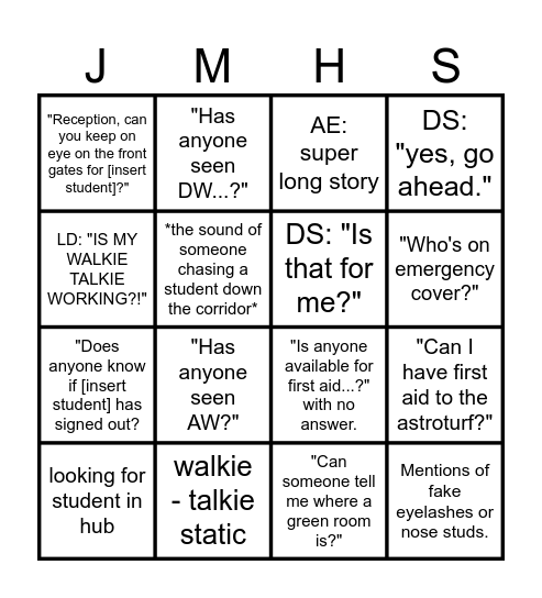 JMHS RADIO Bingo Card