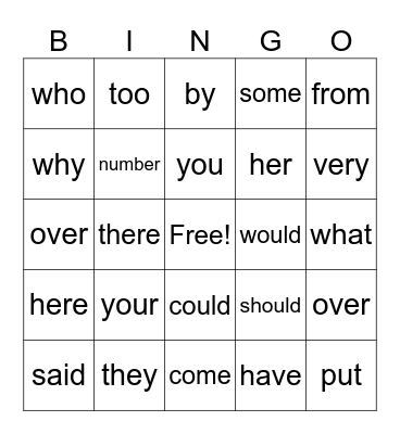 Grade 1 Bingo Card