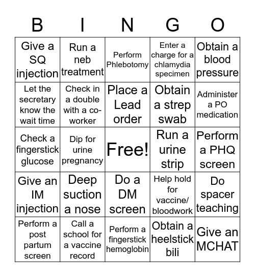 Children's Clinic Bingo Card