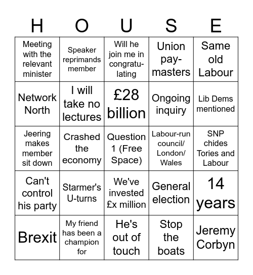 PMQs Bingo Card