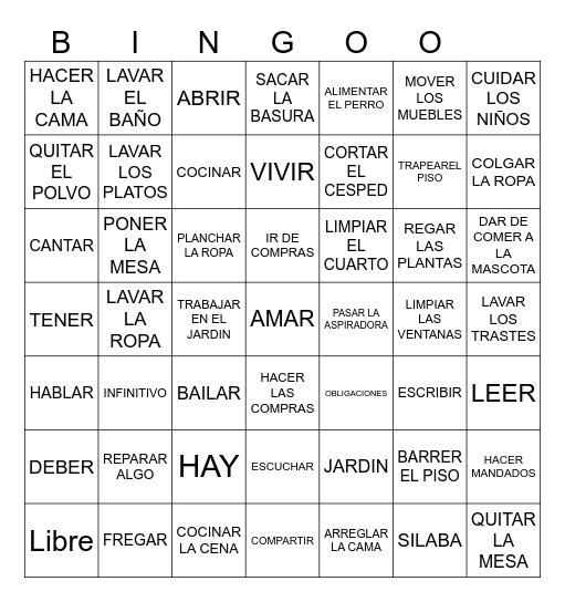 QUEHACERES Y VERBOS Bingo Card