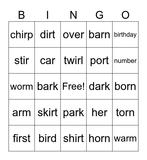 r controlled vowels Bingo Card