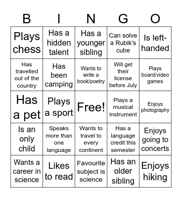 Grade 10 Science Bingo Card