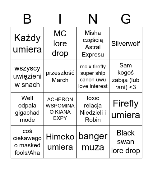 Penacony Bingo Card