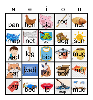 short vowel sounds Bingo Card