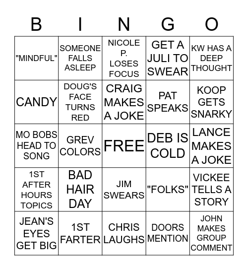 STAFF MEETING BINGO Card