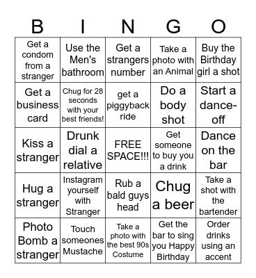 Anya's 28th Birthday Crawl Bingo Card