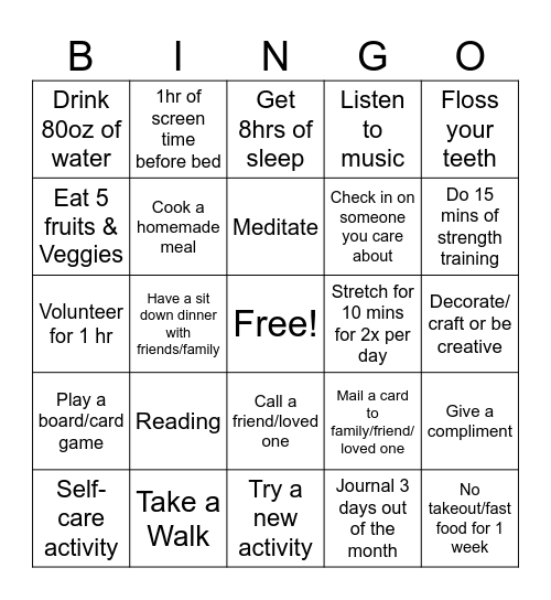 Wellness Bingo Card