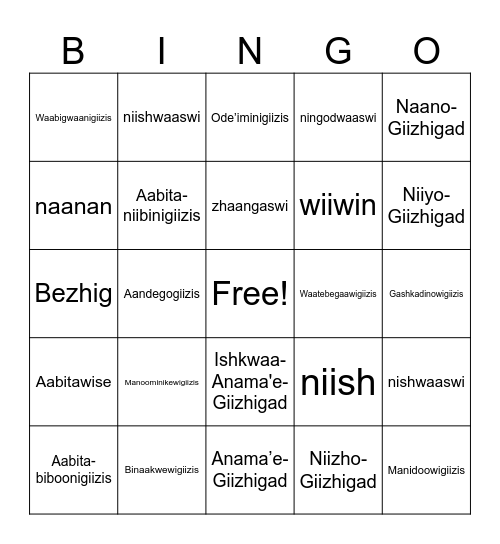 Ojibwe Calendar Words Bingo Card