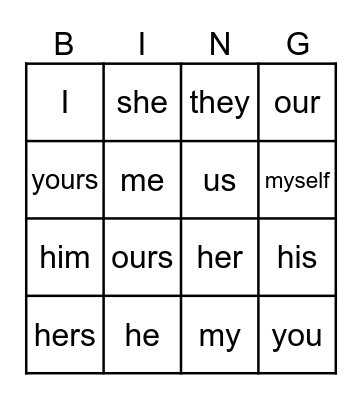 Pronoun Bingo Card