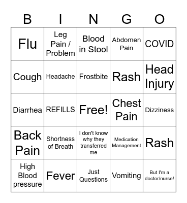 Triage / Refill Bingo Card