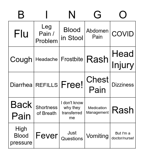 Triage / Refill Bingo Card