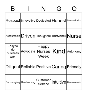 Nurses Week Bingo Card