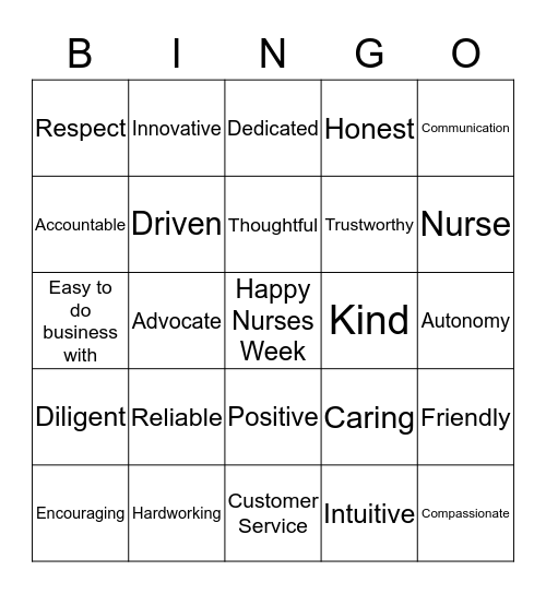 Nurses Week Bingo Card