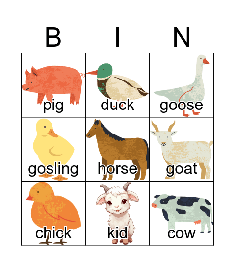 Farm Animal Bingo Card