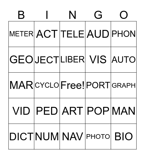 Latin/Greek Bingo Card