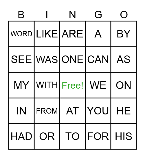 SIGHT WORD BINGO Card