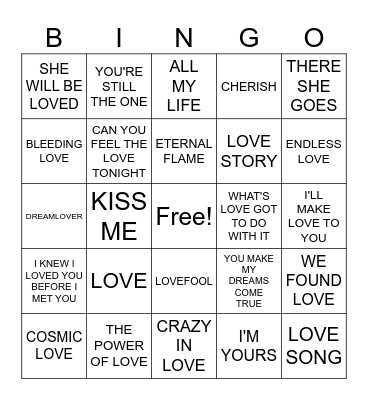 2/12- Love Songs Bingo Card