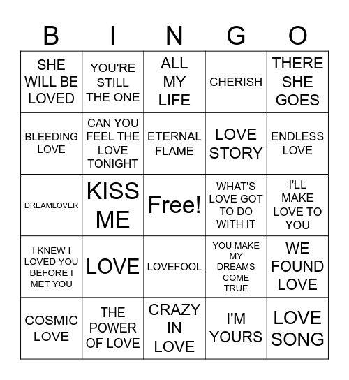 2/12- Love Songs Bingo Card