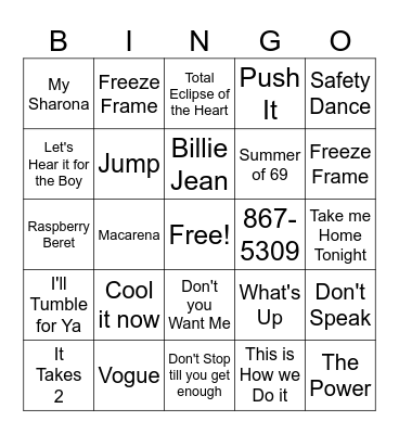 80's & 90's Music Bingo Card