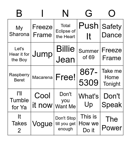 80's & 90's Music Bingo Card