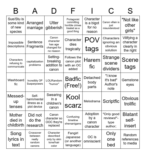 Linstar's Badfic Bingo Version 3.0 Bingo Card