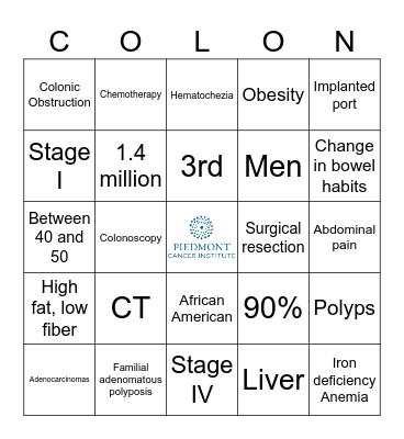 Colon Cancer Bingo Card