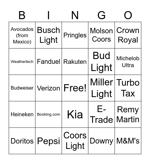 2024 Super Bowl Commercial Bingo Card