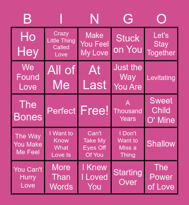 Valentine Love Song Bingo Card