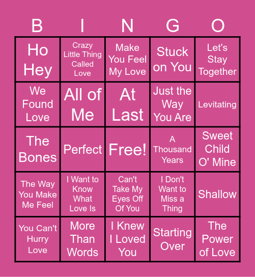 Valentine Love Song Bingo Card