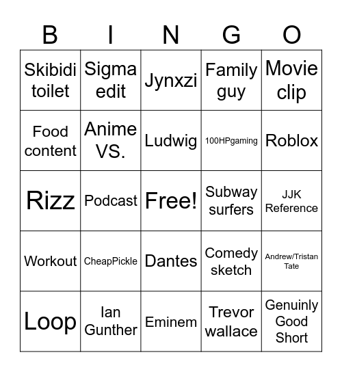 youtube shorts bingo Card