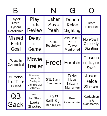 Taylor Swift Super Bowl Bingo Card