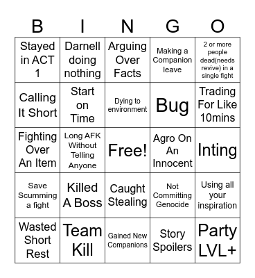 BG3 Bingo Card
