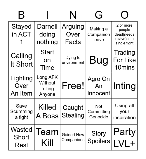 BG3 Bingo Card