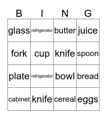 Breakfast Words Bingo Card