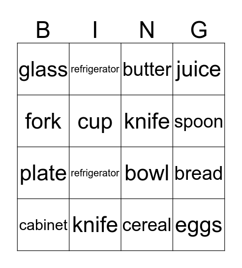 Breakfast Words Bingo Card
