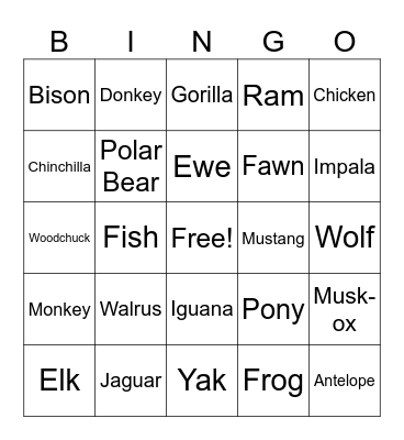 Animals Bingo Card