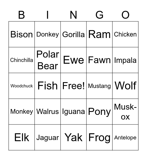 Animals Bingo Card