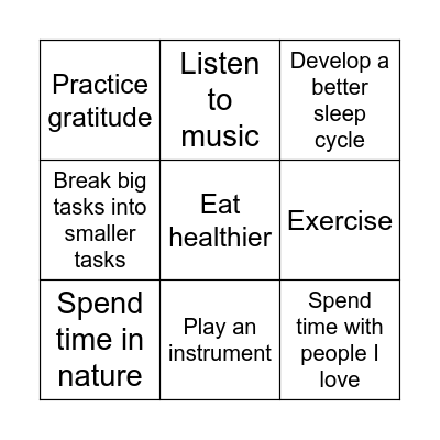 Stress Relief Bingo Card