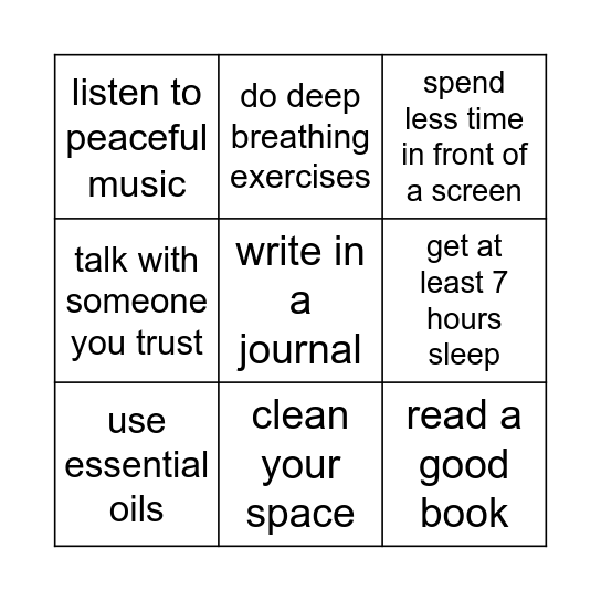 Stress relief Bingo Card
