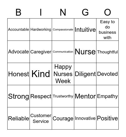 Nurses Week Bingo Card