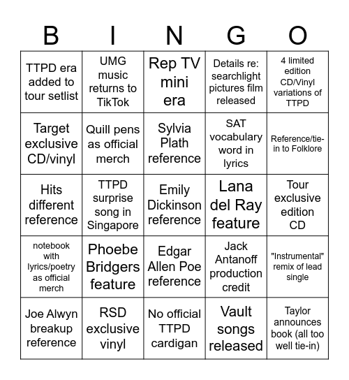 TTPD Era Bingo Card Bingo Card