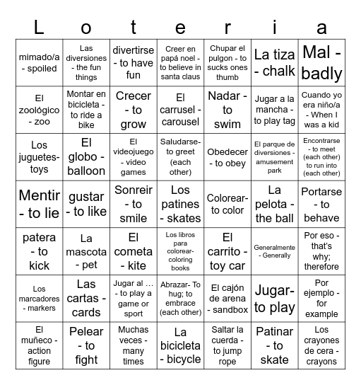 la niñez Bingo Card