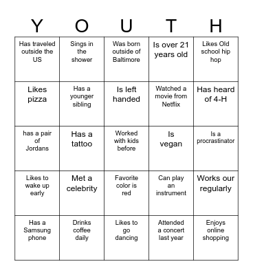 Youth PYD Bingo Card
