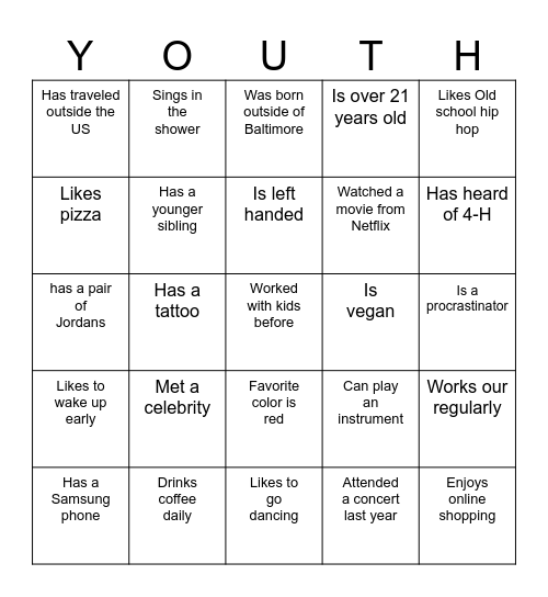 Youth PYD Bingo Card