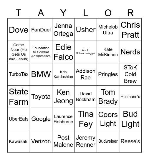 Super Bowl Commercial Bingo 2024 Bingo Card
