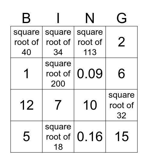Pythagorean Bing Bingo Card