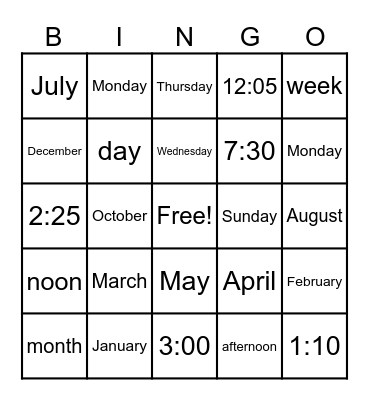 School and Times of the Day Bingo Card