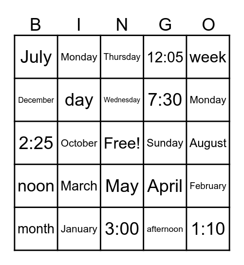 School and Times of the Day Bingo Card