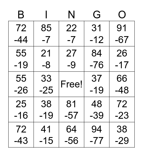Subtraction with Regrouping Bingo Card